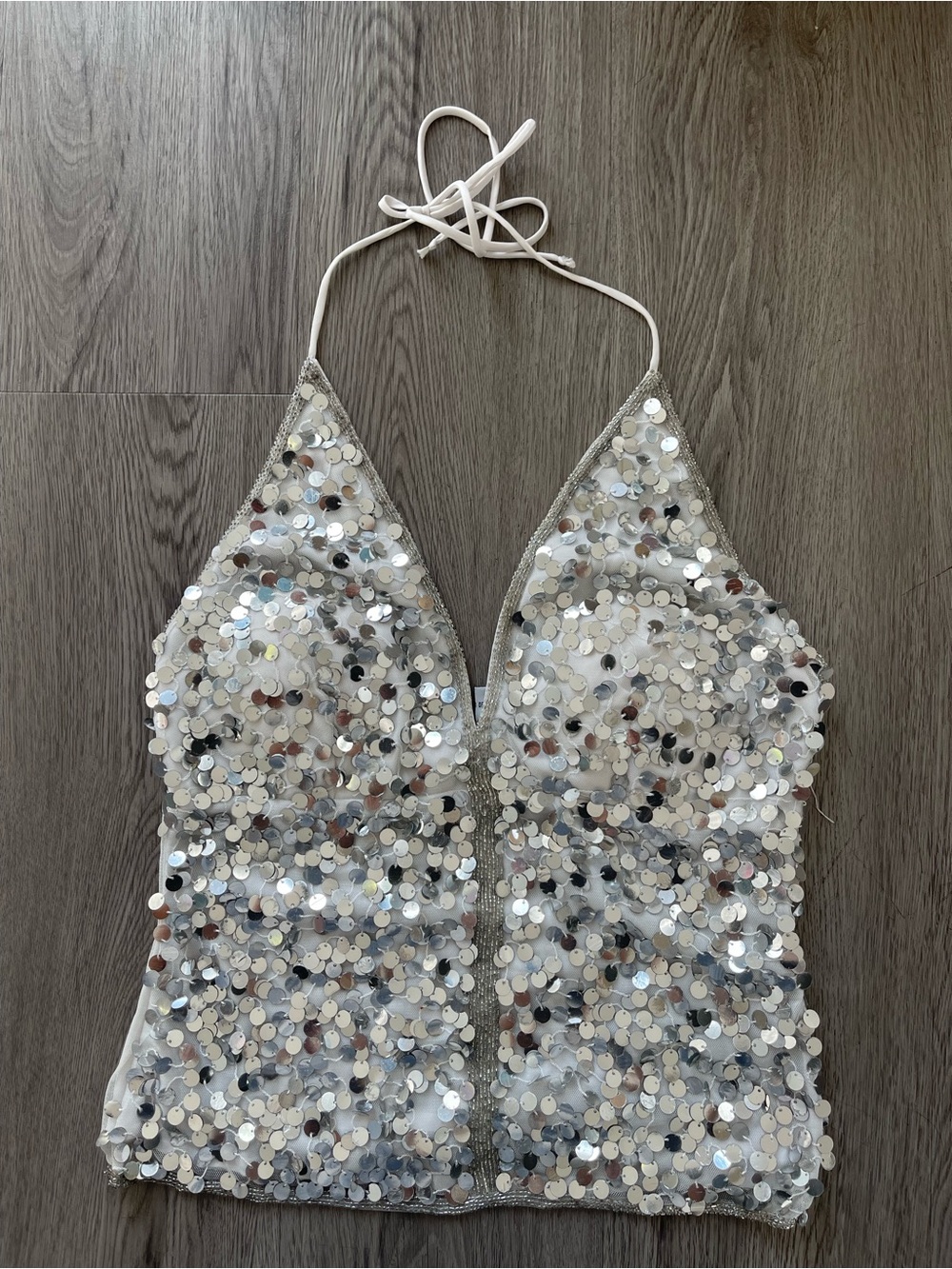 Y2K vintage silver sequined halter tank small